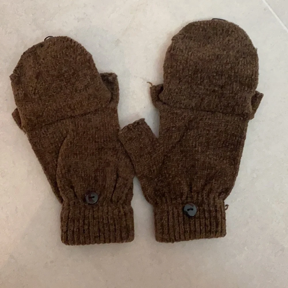 Women men Unisex Brown knit winter mittens gloves multi use covered fingers